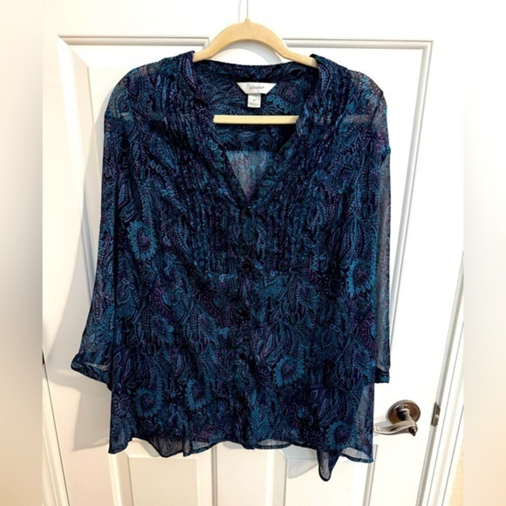 CJ Banks Christopher & Banks Semi Sheer Purple Blue Paisley Blouse Plus Size 3X